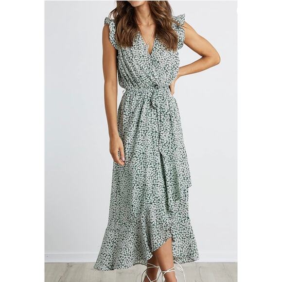 BTFBM Women’s Small Green Floral Maxi Dress Summer Vacation Ruffle Sleeve V-Neck - Picture 1 of 7